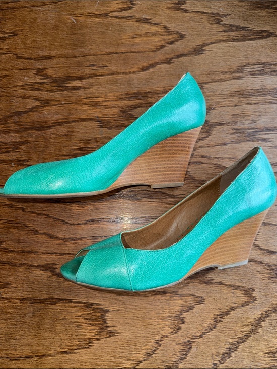 Miz Mooz Shoes - Miz Mooz Teal Peep-Toe Wedge Pumps